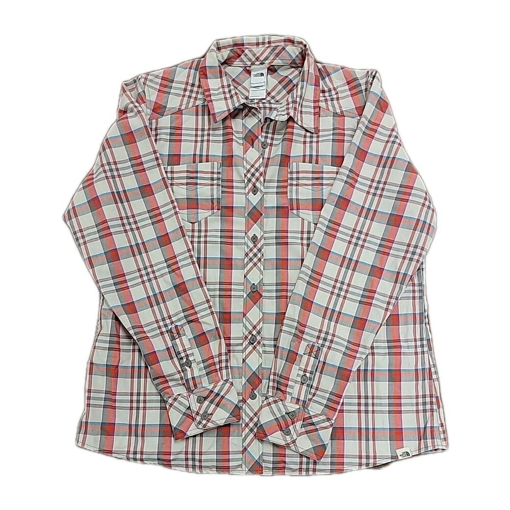 The North Face Pink Coral Aqua Plaid Long Sleeve Button Front Shirt Women’s XL